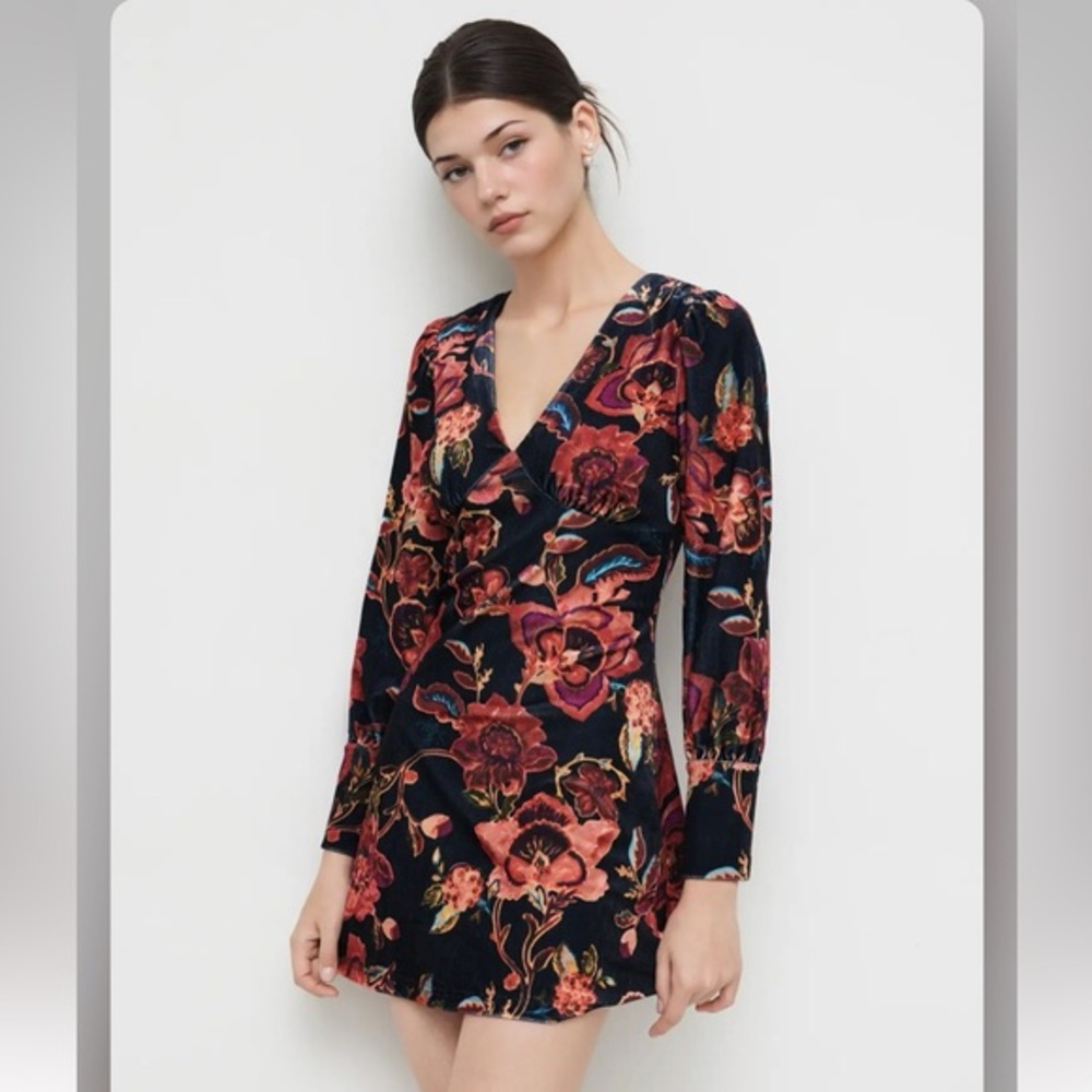 Cider VELVET V-NECK FLORAL MINI DRESS S AR3-10